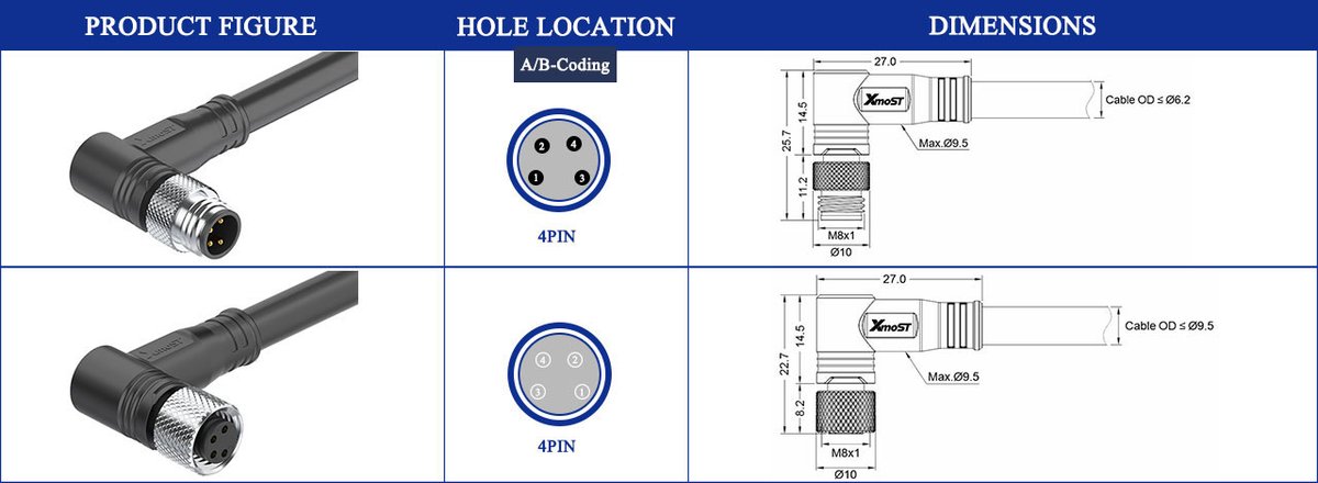 M8 A/B-Code 4Pin male elbow molded IP67 connector dimension drawing