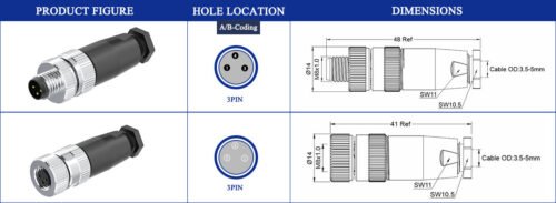 M8 Connector B-Code 3Pin Male – Screw Terminal, IP67 M8 B-Code 3Pin male connector mechanical dimensions drawing