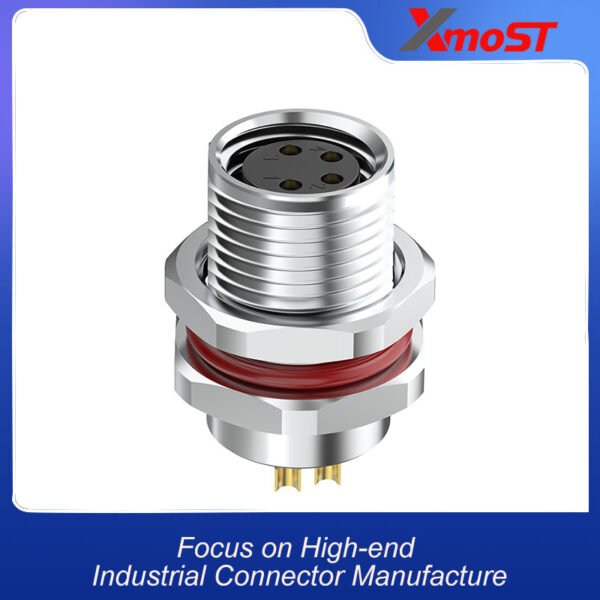 side profile view of xmost m8 female front mount panel connector designed for industrial sensor and actuator applications with secure panel mounting