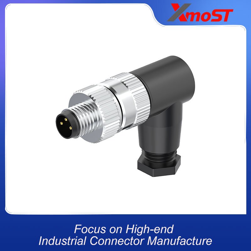 M8 Connector B-Code 3Pin Male Right Angle – Sensors/Robots, IP67 xmost m8 b code 3 pin male right angle connector for sensors and robots with ip67 rating