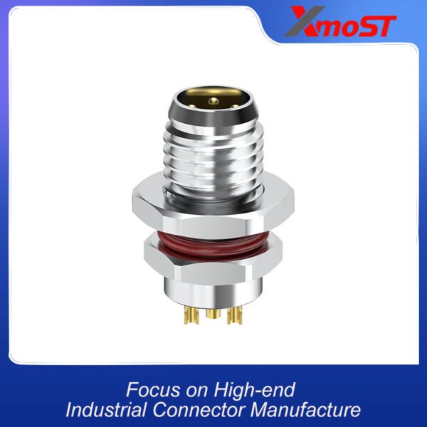 xmost m8 b code 3 pin male rear pcb mount connector with solder points for board integration