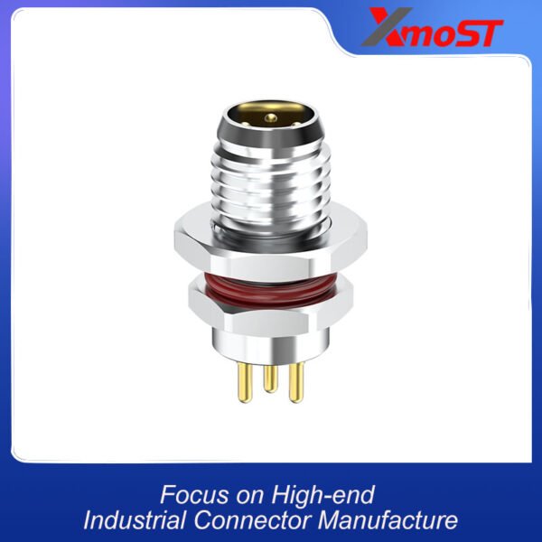 front mount xmost m8 female panel connector with pcb contacts shown for direct board integration in industrial control systems
