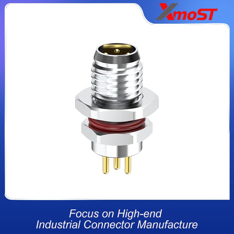 M8 Connector A/B-Code 3Pin Male Front Panel Connector - Sensors, Actuators, PCB Dip Soldering, IP67 front mount xmost m8 female panel connector with pcb contacts shown for direct board integration in industrial control systems