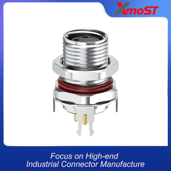 side view of xmost m8 front locking female pcb socket designed for secure board mounting with easy access locking mechanism in industrial systems
