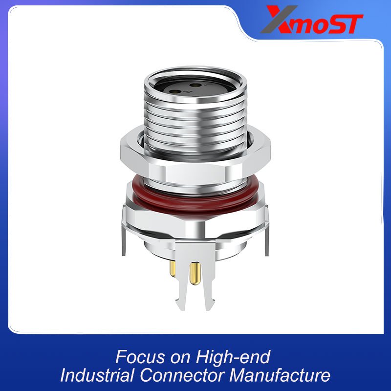 M8 Connector B-Code 4Pin Female PCB Panel Mount with Solder Tail side view of xmost m8 front locking female pcb socket designed for secure board mounting with easy access locking mechanism in industrial systems