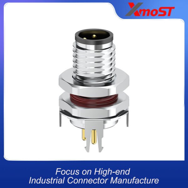 side view of xmost m8 front locking male pcb socket for reliable board mounting with quick locking interface in industrial automation