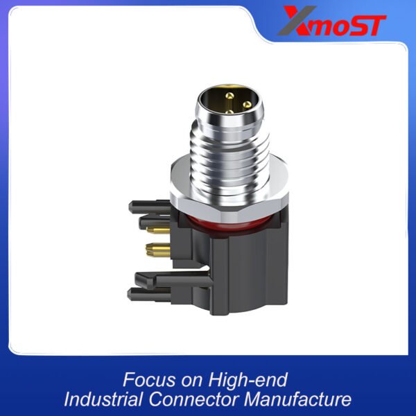 side view of xmost m8 male front locking elbow socket designed for angled panel mounting with secure locking mechanism in industrial environments