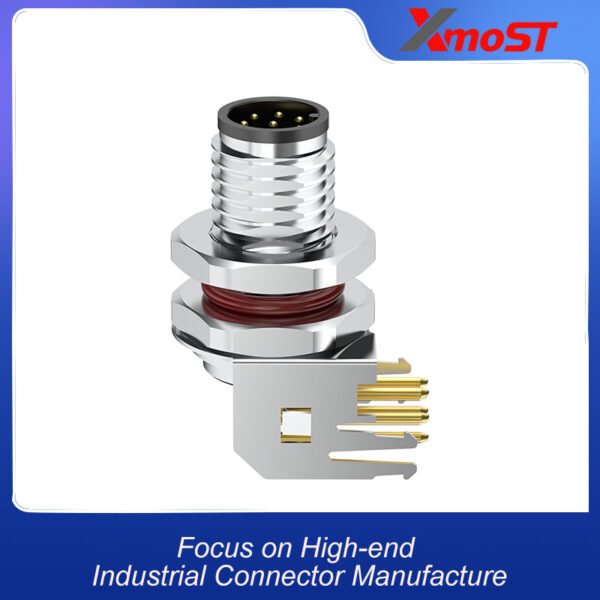 side view of xmost m8 right angle male socket for pcb mounting in compact industrial setups with reliable pin connection