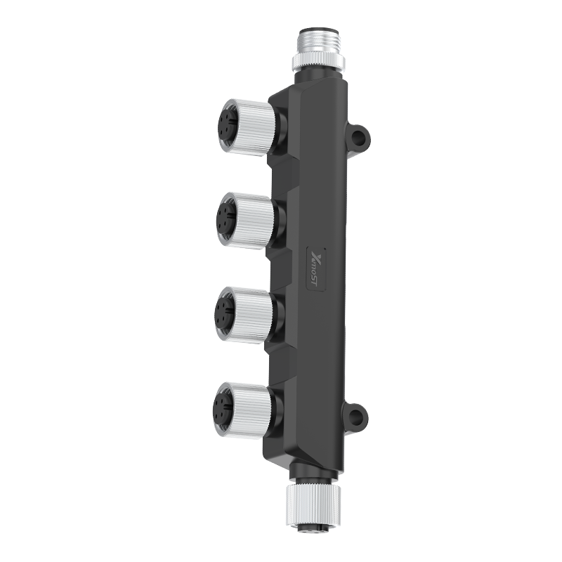M12 Connector T-Shape Splitter - 1M to 5F, 4Pin, A/B/D-Code Compatible, IP68