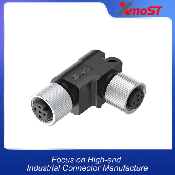 xmost m12 5 pin l shape splitter with 2 female ports compatible with a b d code and ip68