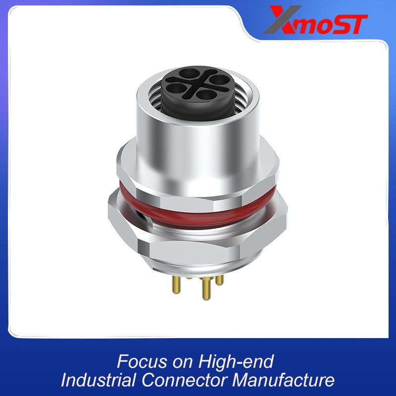 M12 Connector S-Code 4Pin Female Rear Panel Socket - AC Power, Automation, IP68 xmost m12 s code 4 pin female ac power socket ip68