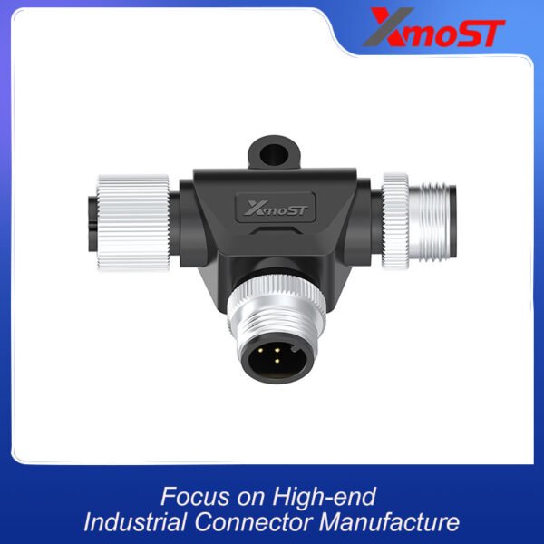 xmost m12 t shape splitter with 1 female input and 2 male outputs compatible with a b d code and ip68
