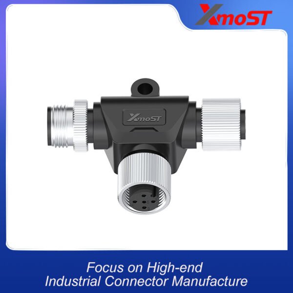 xmost m12 t shape splitter with 1 male input and 2 female outputs compatible with a b d code and ip68