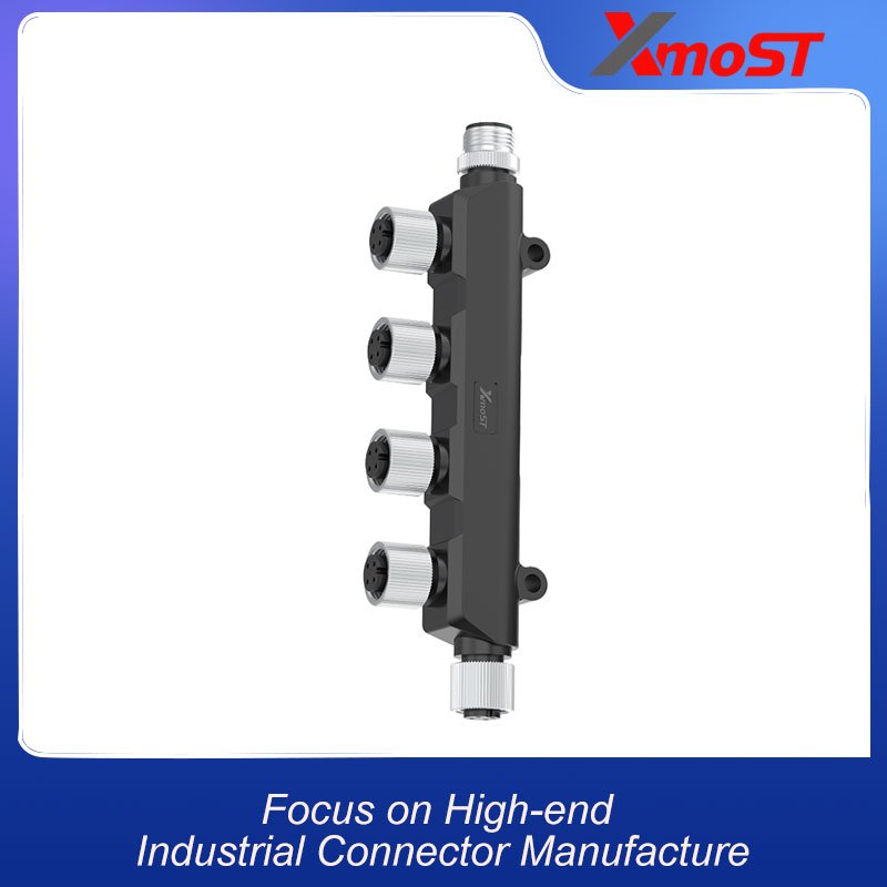 M12 Distribution Box - 1 Male to 5 Female, 4Pin, A/B/D-Code Compatible, IP68 xmost m12 t shape splitter with 1 male input and 5 female outputs 4 pin compatible with a b d code and ip68