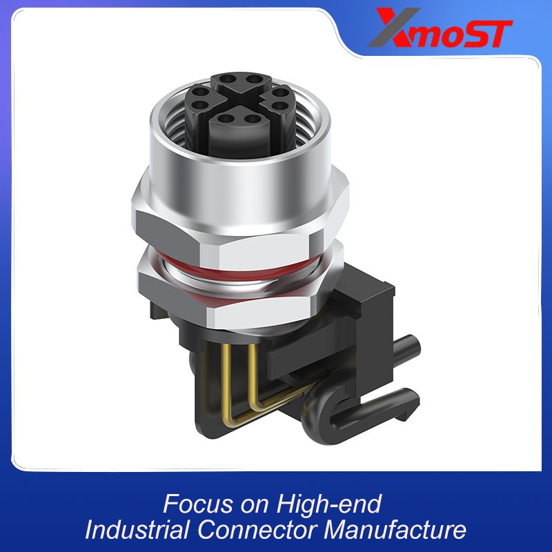 M12 Connector X-Code 8Pin Female Rear Panel Socket - 10GbE, 90° PCB, Industrial Ethernet, IP68 xmost m12 x code 8 pin female 10gbe pcb socket ip68