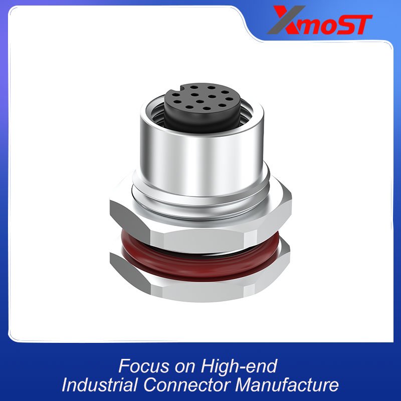 M12 Connector A-Code 12Pin Female Straight Front-Locking Socket, Solder, IP68 xmost m12 a code 12 pin female straight front locking solder socket
