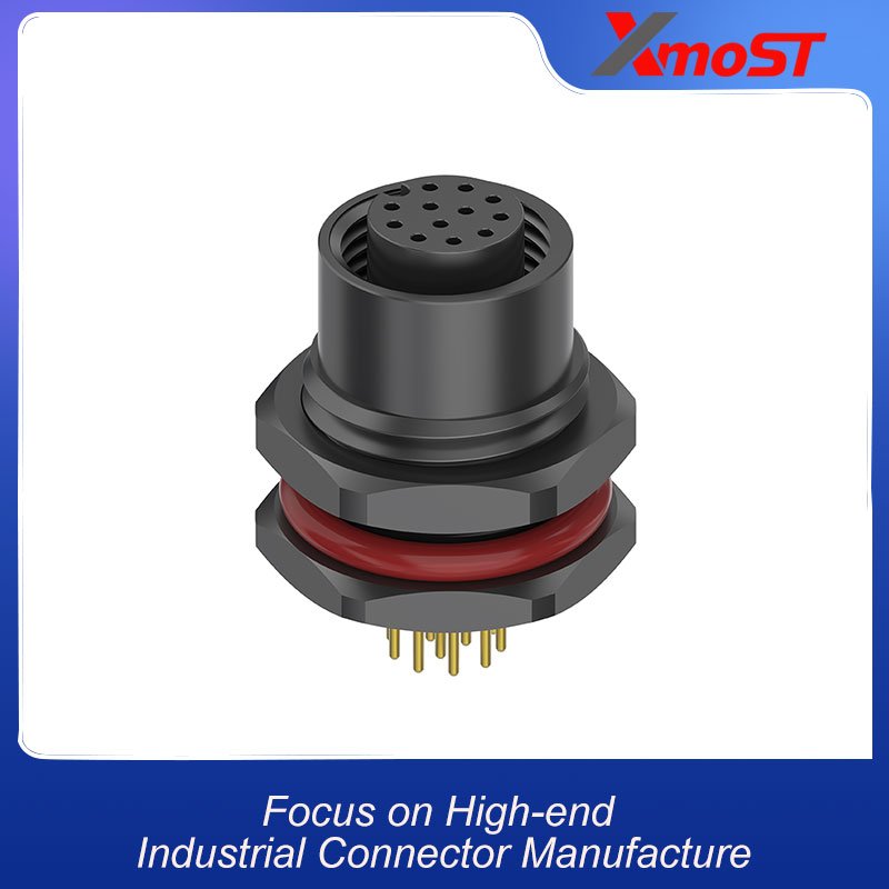 M12 Connector A-Code 12Pin Female Panel Socket for Sensor/Actuator Signal, IP68 xmost m12 a code 12 pin female sensor actuator signal panel socket ip68