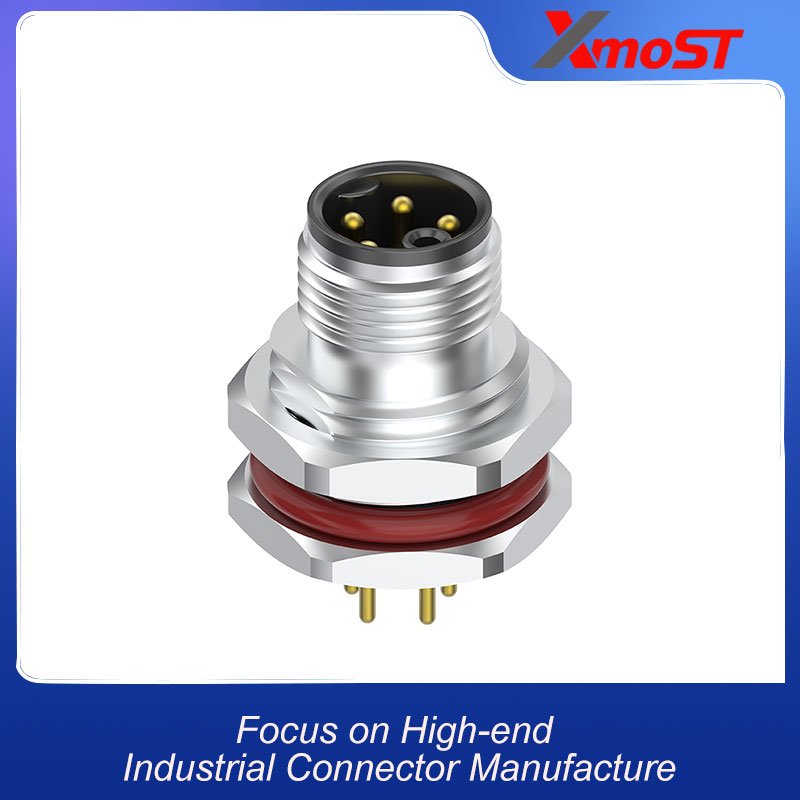 M12 Connector K-Code 5Pin Male - AC Power Panel Socket, IP69K (PCB Contacts) xmost m12 k code 5 pin male ac power pcb socket ip69k