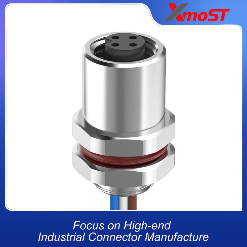 M5 Connector A-Code 4Pin Female Straight Rear-Locking Socket, Solder, IP67 xmost-m5-a-coded-4-pin-female-panel-connector-with-solder-cup