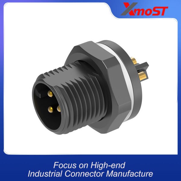 M12 3-Pin Male Plastic Circular Connector – Front Lock Socket, Threaded Coupling