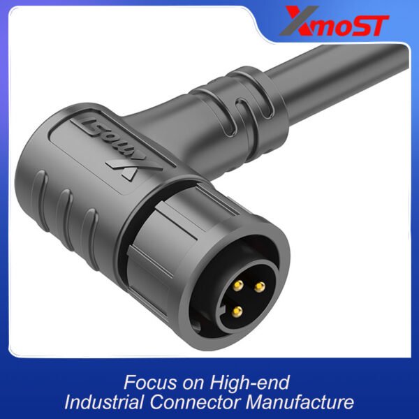 M12 3-Pin Male Plastic Circular Connector – 90° Angled Molded Plug, Quick-Lock