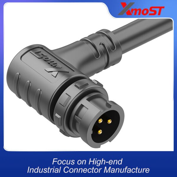M12 Male Plastic Circular Connector – 90° Right Angle Molded Inline Socket, Quick-Lock