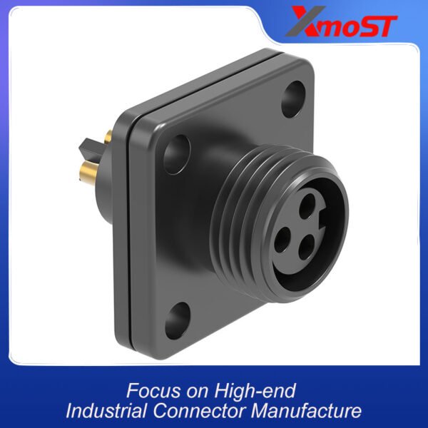 M12 3-Pin Female Plastic Circular Connector – Flange Socket, Threaded Coupling