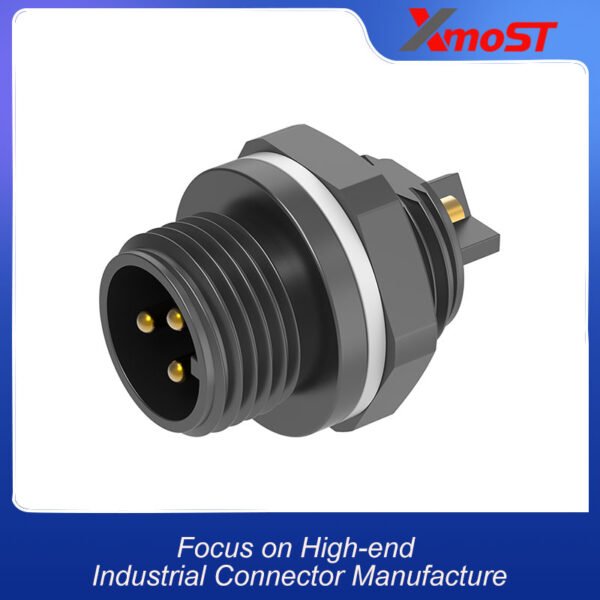 M12 3-Pin Male Plastic Circular Connector – Rear Lock Socket, Threaded Coupling