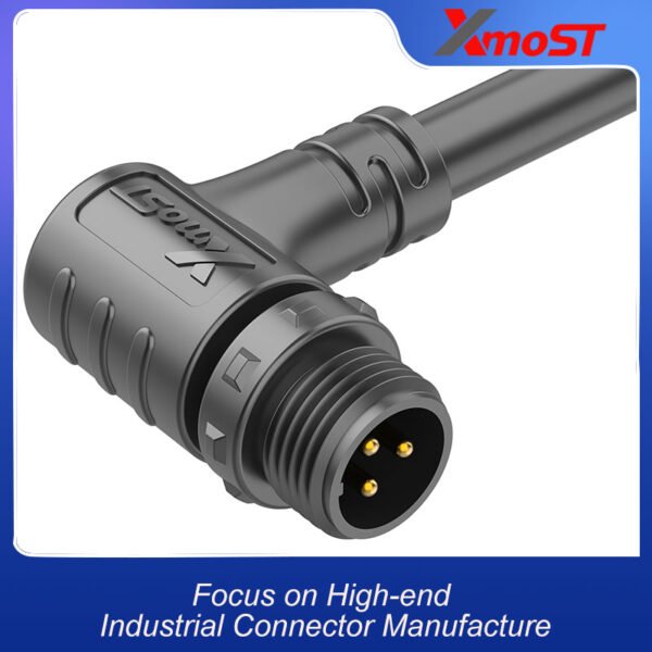 M12 Male Plastic Circular Connector – 90° Right Angle Molded Mating Socket, Threaded