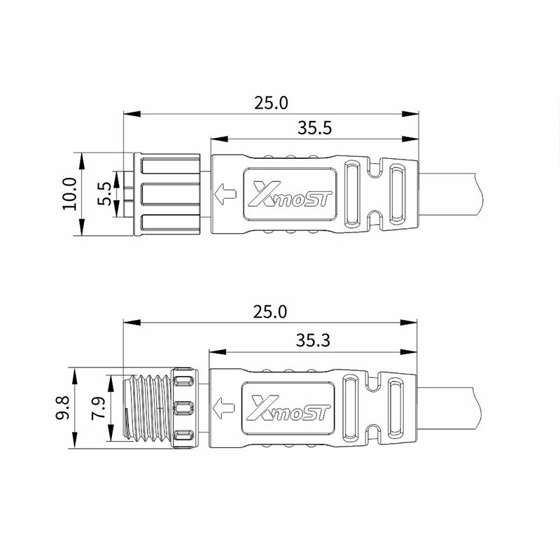 M8 3-Pin Female Plastic Circular Connector – Straight Molded Plug, Threaded Coupling m8 3‑pin female plastic circular connector dimensional drawing, straight molded plug, threaded coupling, ip67 waterproof dimension diagram