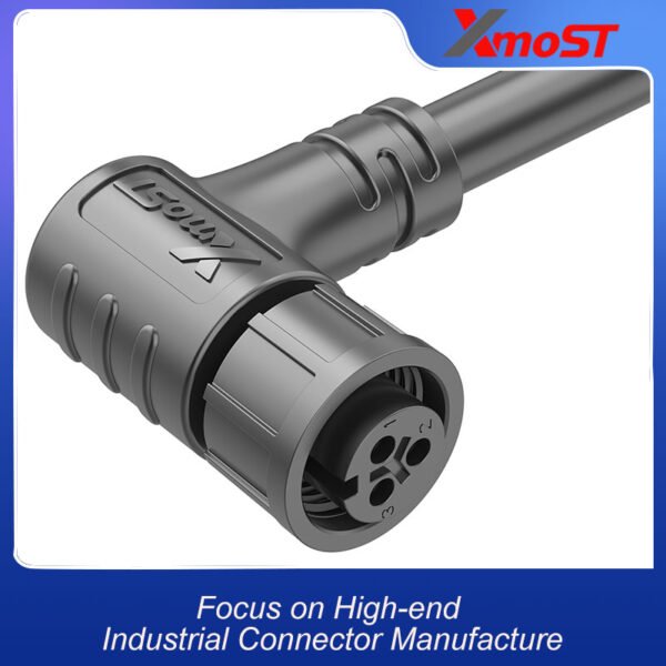 M12 3-Pin Female Plastic Circular Connector – Right Angle Molded Plug, Threaded Coupling