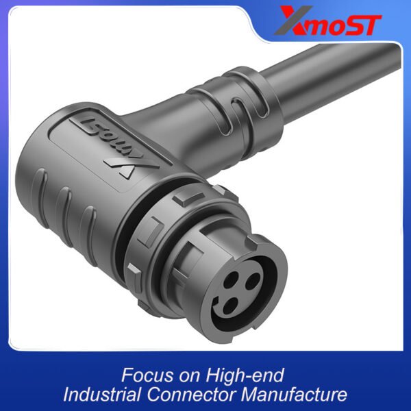 M12 3-Pin Female Plastic Circular Connector – Right Angle Molded Inline Socket, Quick-Lock