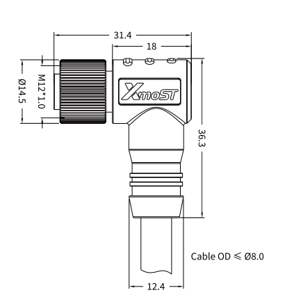 M12 A-Coded Female 90° Right-Angle Unshielded Molded Cable Connector M12 A-Coded Female 90° Right-Angle Unshielded Molded Cable Connector