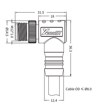M12 A-Coded Male 90° Right-Angle Unshielded Molded Cable Connector M12 A-Coded Male 90° Right-Angle Unshielded Molded Cable Connector