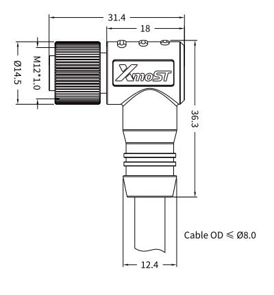 M12 D-Coded Female 90° Right-Angle CAT5e Shielded PROFINET Cable Connector