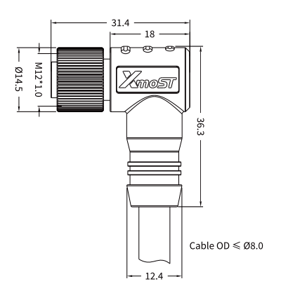 Xmost M12 K-coded female 90-degree right-angle shielded AC power cable connector