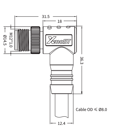 M12 K-Coded Male 90° Right-Angle Shielded AC Power Cable Connector
