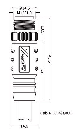 Xmost M12 K-coded male straight shielded AC power cable connector