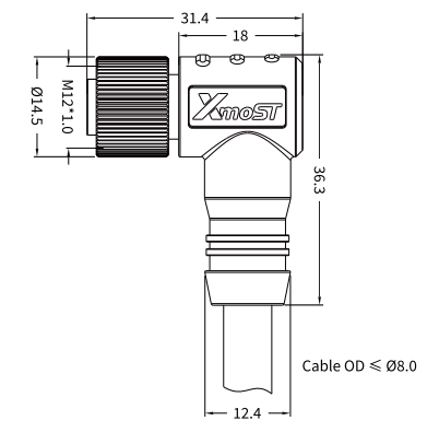 Xmost M12 L-coded female 90-degree right-angle shielded DC power cable connector