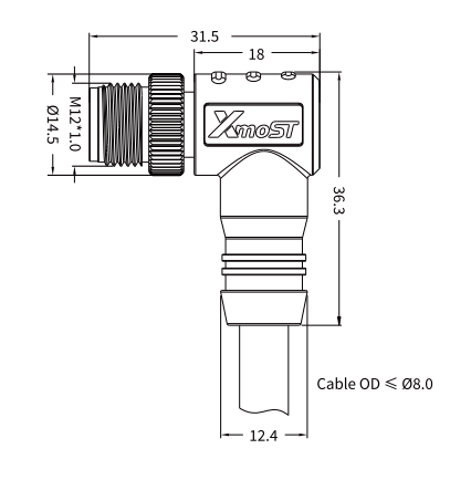 Xmost M12 L-coded male 90-degree right-angle shielded DC power cable connector