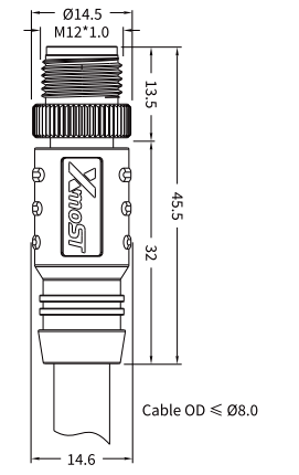 Xmost M12 L-coded male straight shielded DC power cable connector
