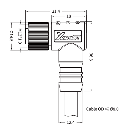M12 M-Coded Female 90° Right-Angle Shielded AC Power Cable Connector