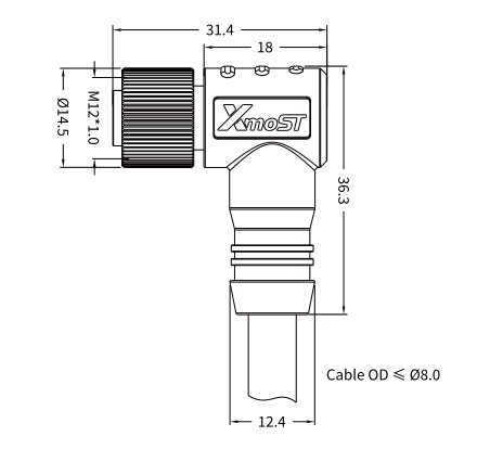 M12 S-Coded Female 90° Right-Angle Unshielded AC Power Cable Connector