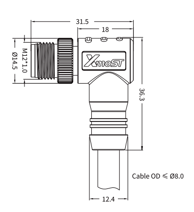 M12 S-Coded Male 90° Right-Angle Shielded AC Power Cable Connector