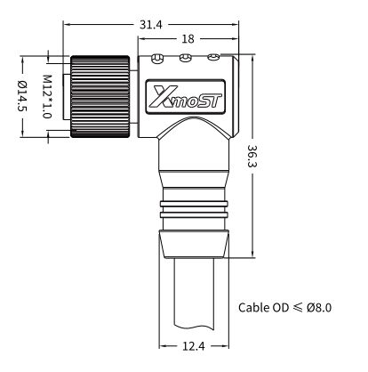 M12 T-Coded Female 90° Right-Angle Shielded AC Power Cable Connector