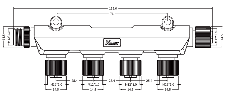 M12 T-Shape 5-Port Splitter, 1 Male to 5 Female