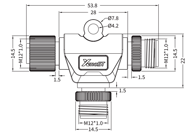 M12 T-Shape Splitter, 1 Female to 2 Male, FMM Connector