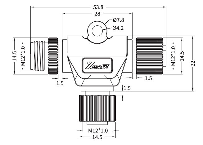 M12 T-Shape Splitter, 1 Male to 2 Female, MFF Connector