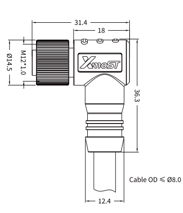 M12 X-Coded Female 90° Right-Angle CAT6A Shielded Ethernet Cable Connector
