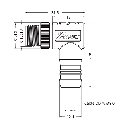 M12 X-Coded Male 90° Right-Angle CAT6A Shielded Ethernet Cable Connector
